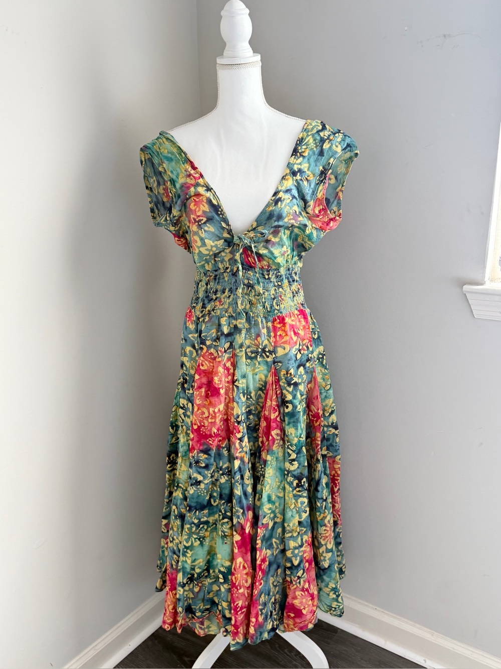 Grace Floral Wrap-Style Midi Dress in Teal and Pink